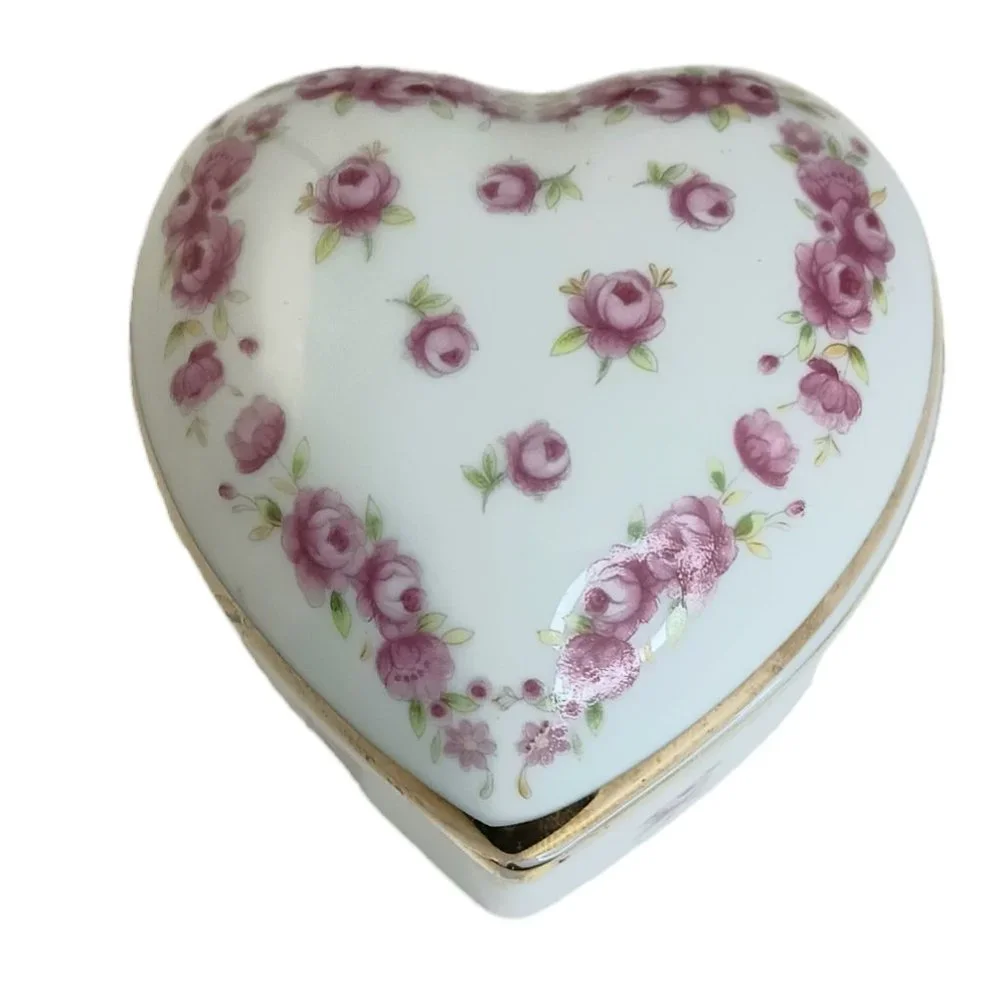Lefton Heart Shaped Trinket Box Pink Flowers Gold Trim Jewlery Box